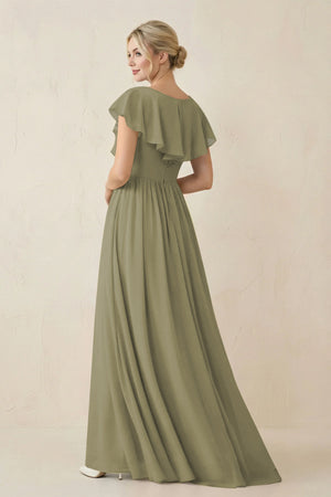 Thyme Cap Sleeve A-Line Ruffled Chiffon Bridesmaid Dress (2) | KISSBRIDAL