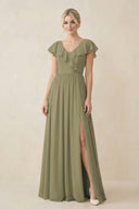 Thyme Cap Sleeve A-Line Ruffled Chiffon Bridesmaid Dress | KISSBRIDAL
