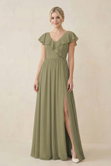 Thyme Cap Sleeve A-Line Ruffled Chiffon Bridesmaid Dress | KISSBRIDAL
