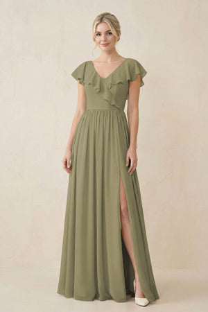 Thyme Cap Sleeve A-Line Ruffled Chiffon Bridesmaid Dress | KISSBRIDAL