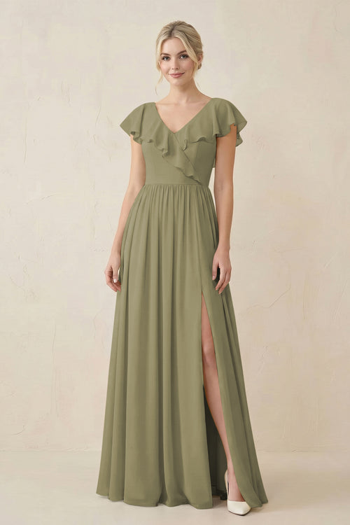 Thyme Cap Sleeve A-Line Ruffled Chiffon Bridesmaid Dress | KISSBRIDAL