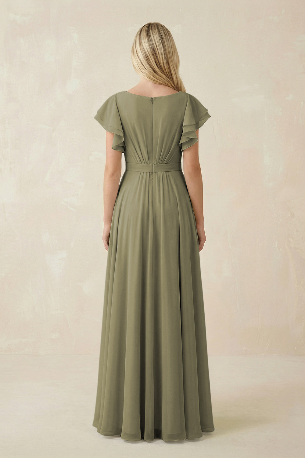 Cap Sleeve Ruffled A-Line Chiffon Bridesmaid Dress in Thyme