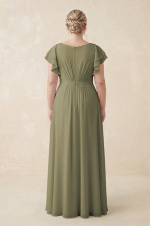 Thyme Cap Sleeve Ruffled A-Line Chiffon Bridesmaid Dress (2) | KISSBRIDAL