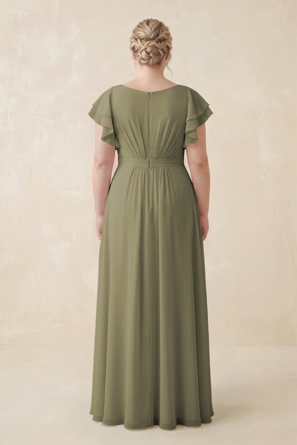 Thyme Cap Sleeve Ruffled A-Line Chiffon Bridesmaid Dress (2) | KISSBRIDAL