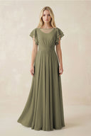 Thyme Cap Sleeve Ruffled A-Line Chiffon Bridesmaid Dress | KISSBRIDAL