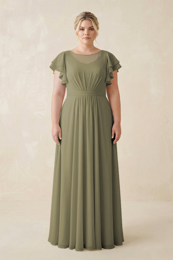 Thyme Cap Sleeve Ruffled A-Line Chiffon Bridesmaid Dress | KISSBRIDAL