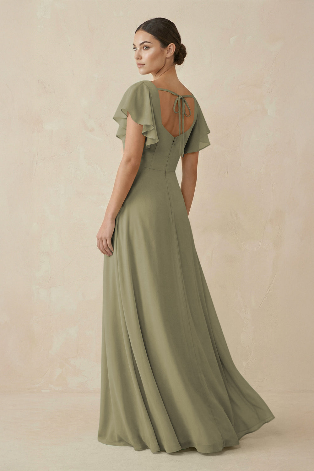 Chiffon A-Line Long Bridesmaid Dress with Flutter Sleeves in Thyme
