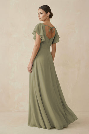 Thyme Chiffon A-Line Long Bridesmaid Dress with Flutter Sleeves (2) | KISSBRIDAL