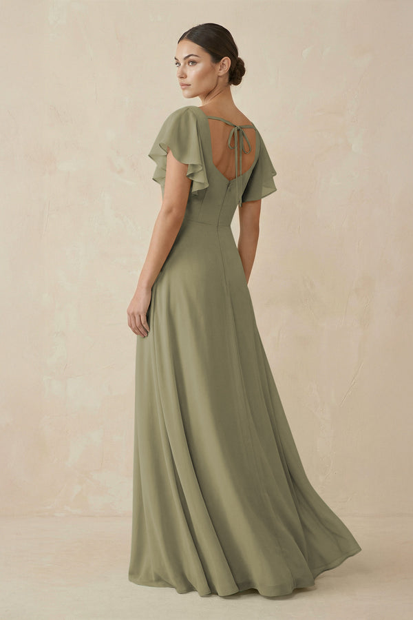 Thyme Chiffon A-Line Long Bridesmaid Dress with Flutter Sleeves (2) | KISSBRIDAL