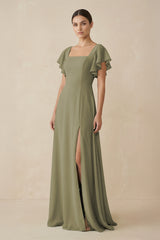 Thyme Chiffon A-Line Long Bridesmaid Dress with Flutter Sleeves | KISSBRIDAL