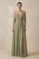 Thyme Chiffon A-Line Long Bridesmaid Dress | KISSBRIDAL