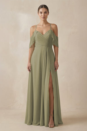 Thyme Chiffon A-Line Long Bridesmaid Dress | KISSBRIDAL