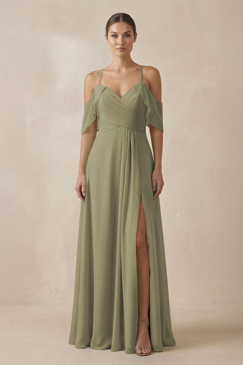 Thyme Chiffon A-Line Long Bridesmaid Dress | KISSBRIDAL