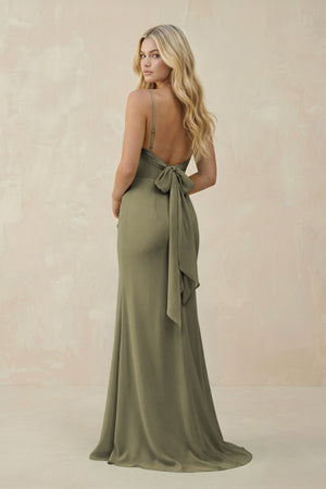 Thyme Cowl Neck Sheath Chiffon Bridesmaid Dress with Corset (2) | KISSBRIDAL