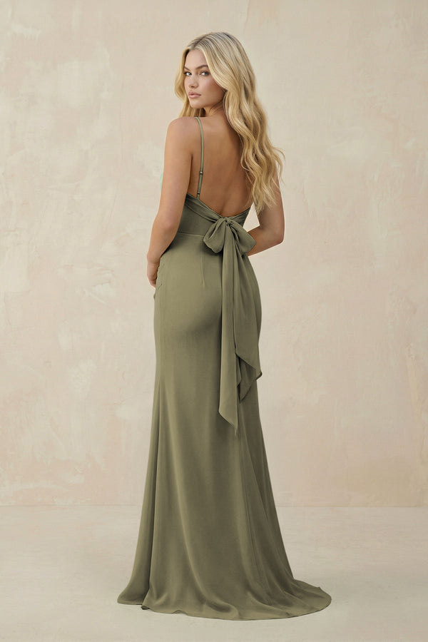 Thyme Cowl Neck Sheath Chiffon Bridesmaid Dress with Corset (2) | KISSBRIDAL