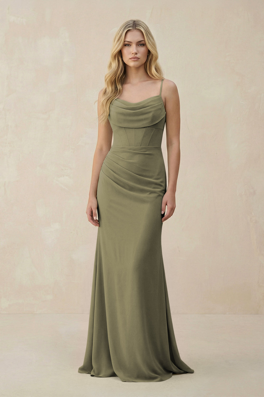 Cowl Neck Sheath Chiffon Bridesmaid Dress with Corset in Thyme