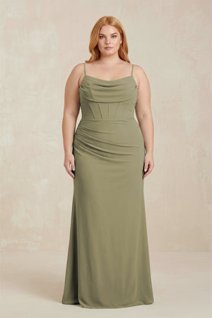 Thyme Cowl Neck Sheath Chiffon Bridesmaid Dress with Corset [sizeplus] | KISSBRIDAL