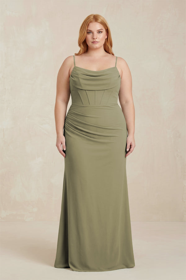 Thyme Cowl Neck Sheath Chiffon Bridesmaid Dress with Corset [sizeplus] | KISSBRIDAL