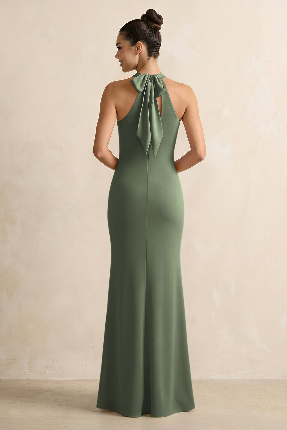 Crisscross Halter Sheath Satin Bridesmaid Dress with Bow in Thyme