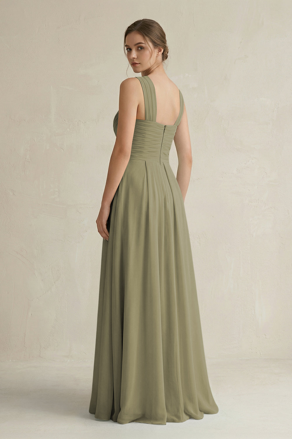 Cross Halter Chiffon A-Line Pleated Bridesmaid Dress in Thyme
