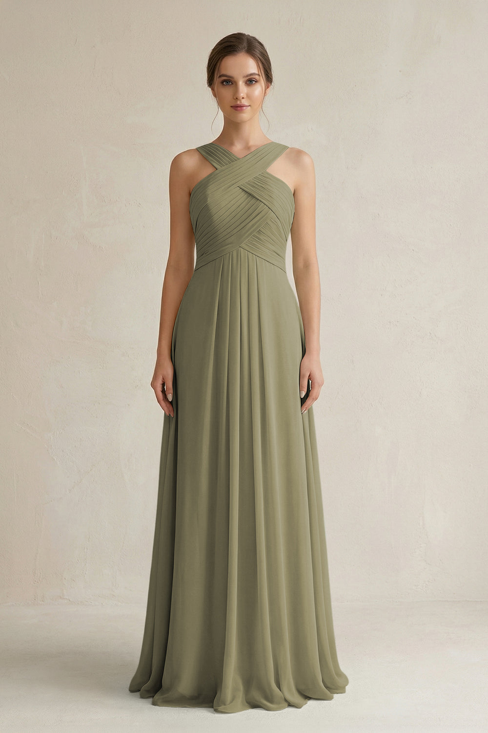 Cross Halter Chiffon A-Line Pleated Bridesmaid Dress in Thyme