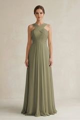 Thyme Cross Halter Chiffon A-Line Pleated Bridesmaid Dress | KISSBRIDAL