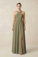 Thyme Cross Halter Neck Chiffon A-Line Bridesmaid Dress With Slit | KISSBRIDAL