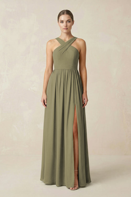 Thyme Cross Halter Neck Chiffon A-Line Bridesmaid Dress With Slit | KISSBRIDAL