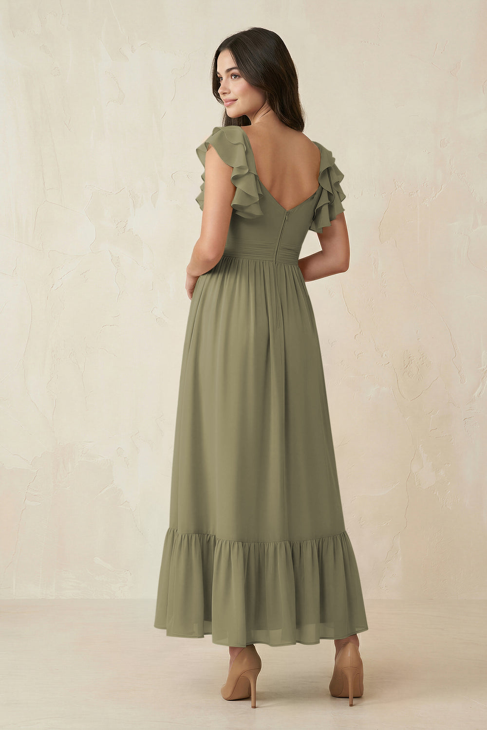 Flutter Sleeve Sweetheart A-Line Chiffon Bridesmaid Dress in Thyme