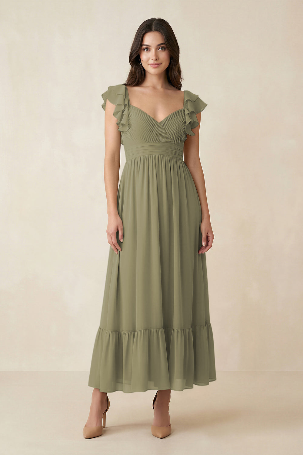 Flutter Sleeve Sweetheart A-Line Chiffon Bridesmaid Dress in Thyme