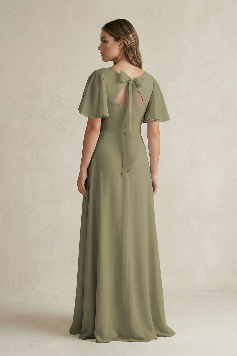 Flutter Sleeve V-Neck A-Line Chiffon Bridesmaid Dress in Thyme