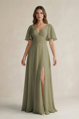 Thyme Flutter Sleeve V-Neck A-Line Chiffon Bridesmaid Dress | KISSBRIDAL