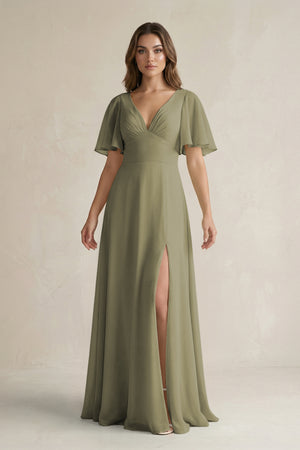 Thyme Flutter Sleeve V-Neck A-Line Chiffon Bridesmaid Dress | KISSBRIDAL