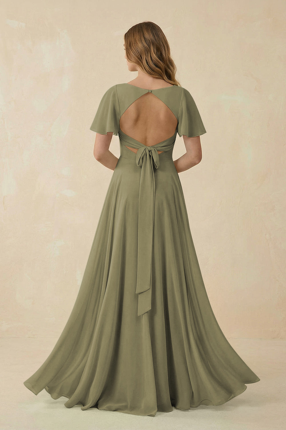 Flutter Sleeve V-Neck Chiffon A-Line Bridesmaid Dress in Thyme