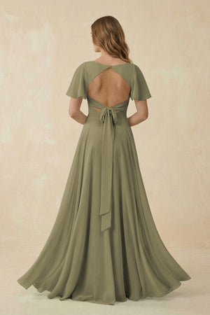 Thyme Flutter Sleeve V-Neck Chiffon A-Line Bridesmaid Dress (2) | KISSBRIDAL