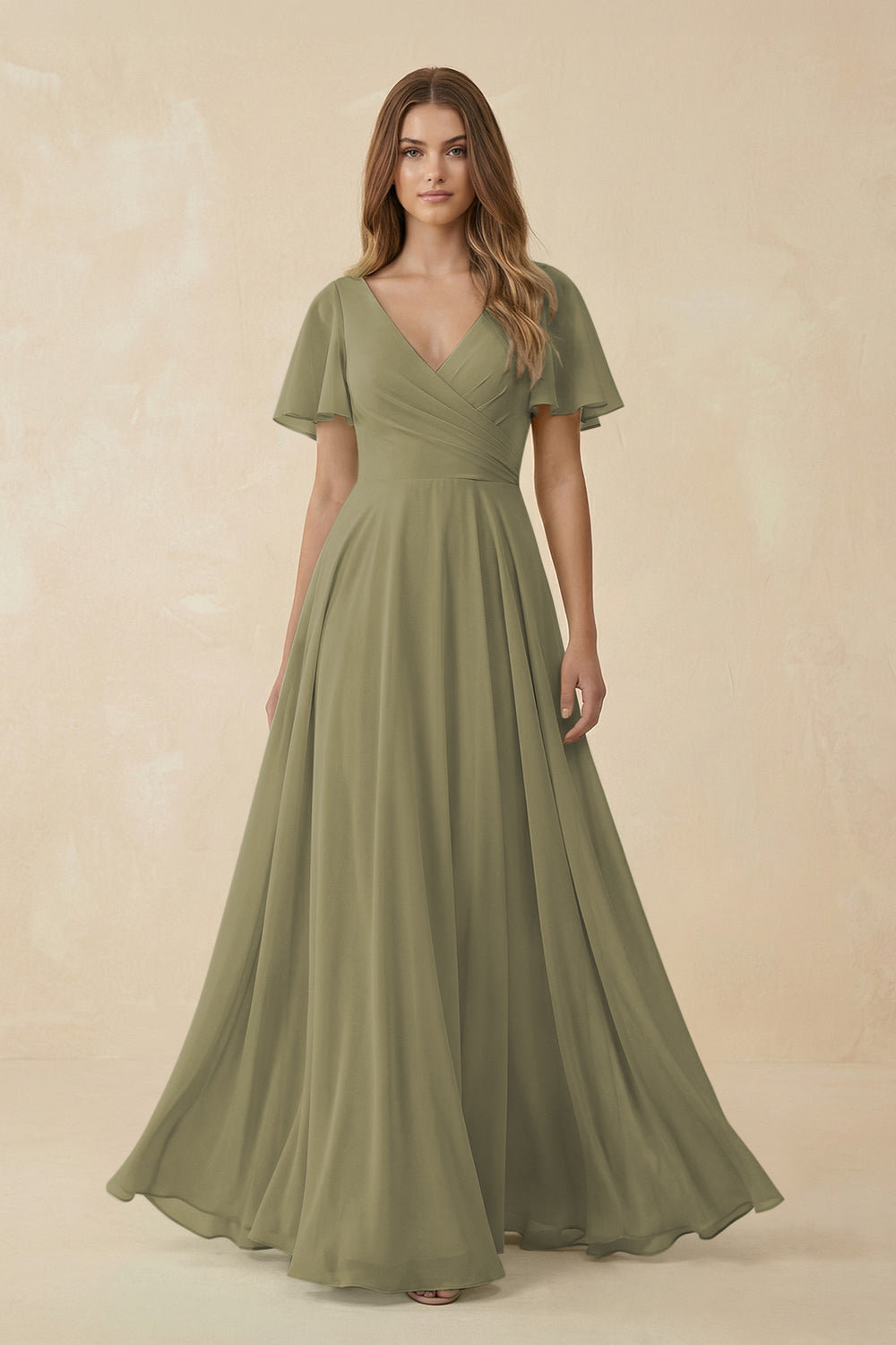 Flutter Sleeve V-Neck Chiffon A-Line Bridesmaid Dress in Thyme