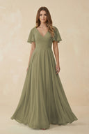 Thyme Flutter Sleeve V-Neck Chiffon A-Line Bridesmaid Dress | KISSBRIDAL