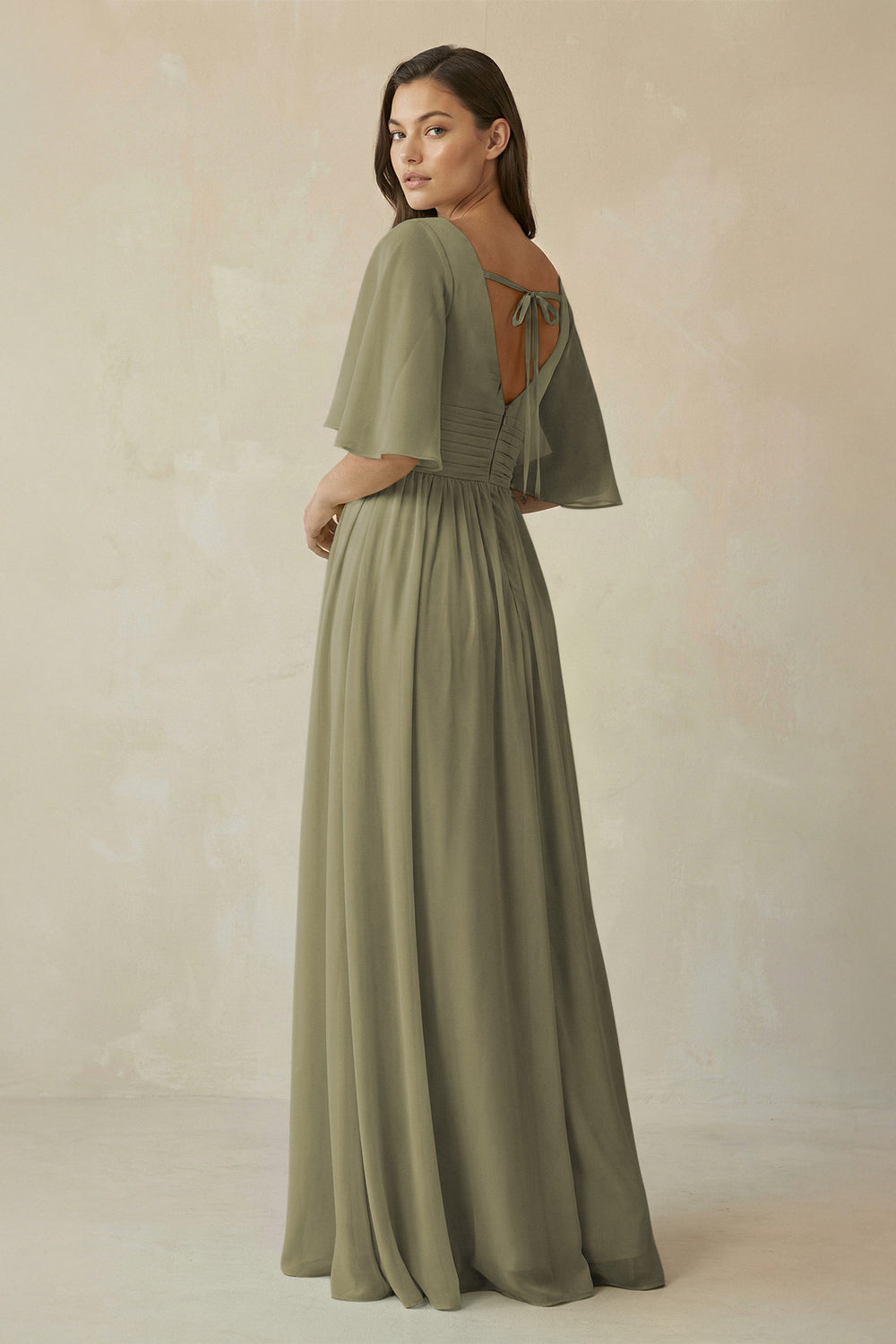 Half Sleeve V-Neck A-Line Chiffon Bridesmaid Gown in Thyme