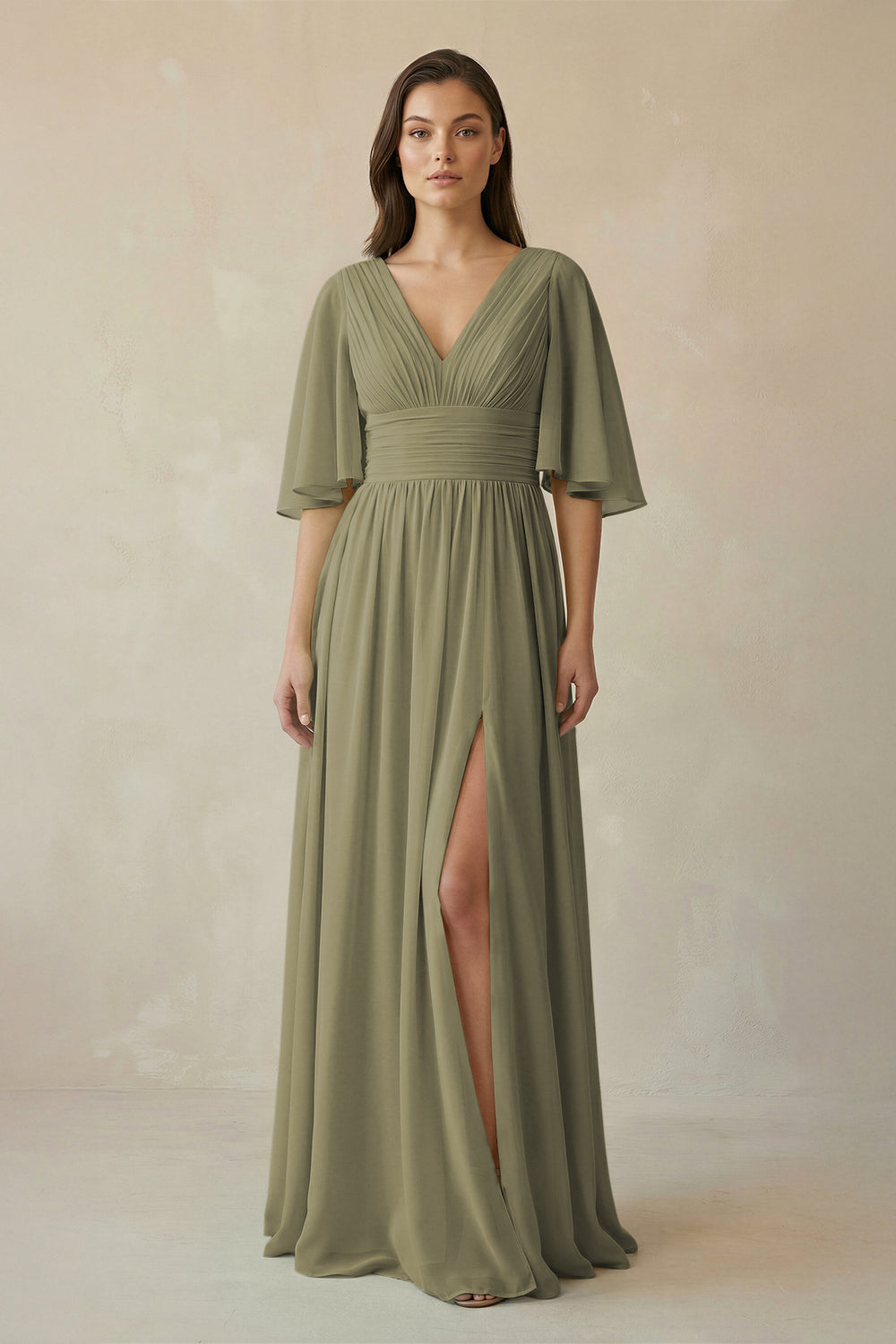 Half Sleeve V-Neck A-Line Chiffon Bridesmaid Gown in Thyme