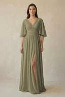 Thyme Half Sleeve V-Neck A-Line Chiffon Bridesmaid Gown | KISSBRIDAL