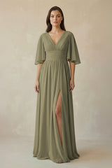Thyme Half Sleeve V-Neck A-Line Chiffon Bridesmaid Gown | KISSBRIDAL