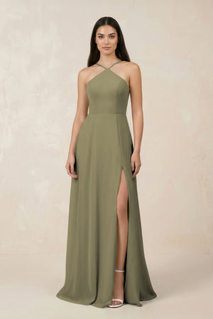 Thyme Halter Chiffon A-Line Bridesmaid Dress With Slit | KISSBRIDAL