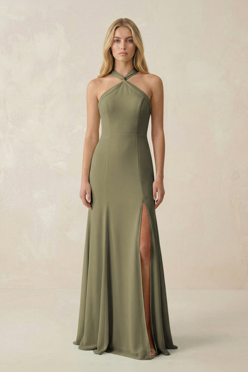 Thyme Halter Chiffon Mermaid Ruched Bridesmaid Dress | KISSBRIDAL