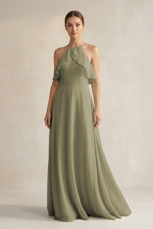 Thyme Halter Neck A-Line Chiffon Bridesmaid Dress with Keyhole | KISSBRIDAL
