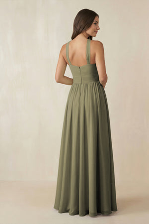 Thyme Halter Neck Ruched A-Line Chiffon Bridesmaid Dress (2) | KISSBRIDAL