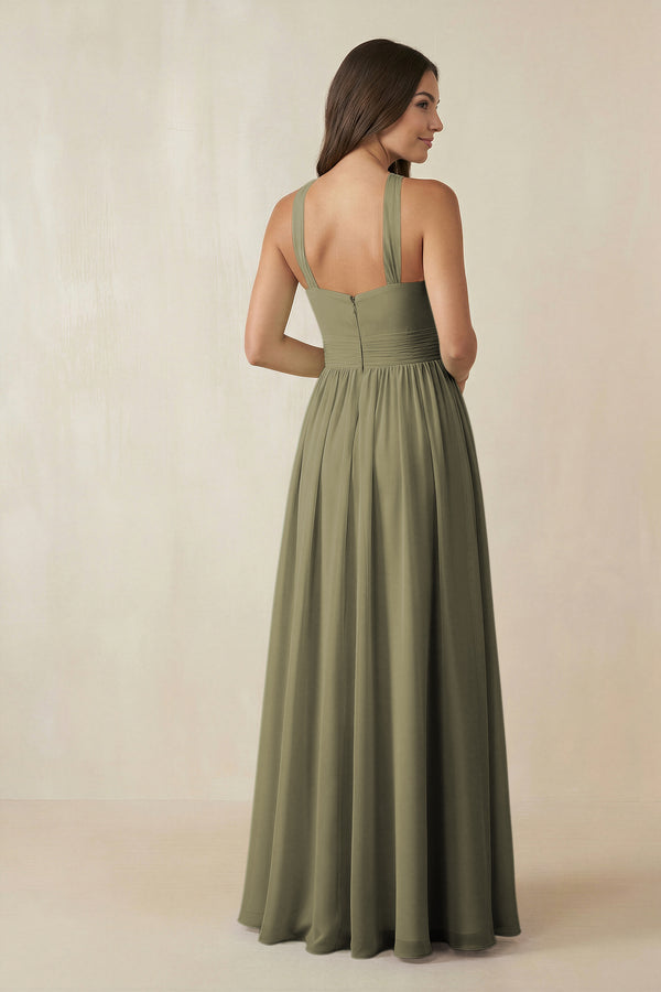 Thyme Halter Neck Ruched A-Line Chiffon Bridesmaid Dress (2) | KISSBRIDAL
