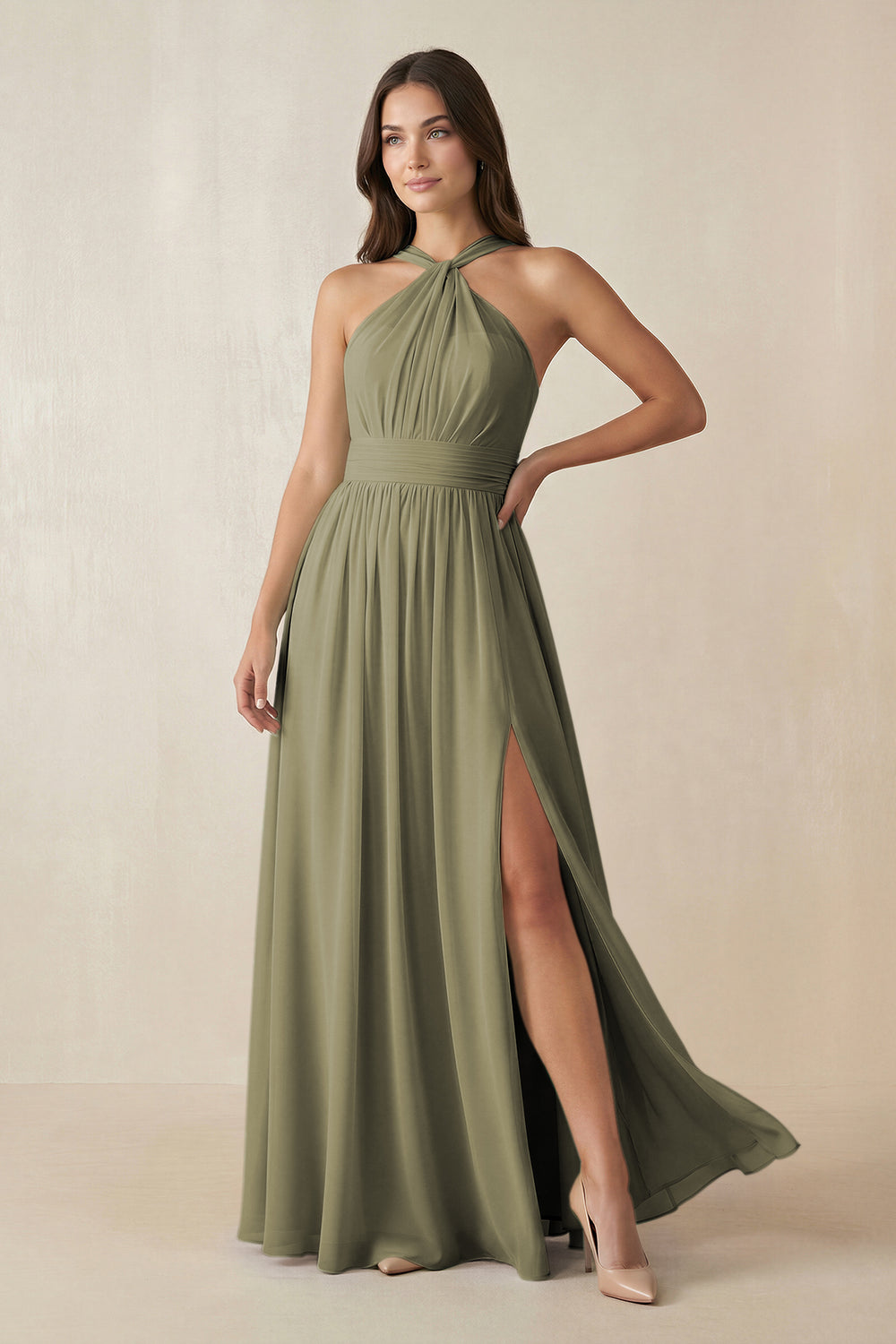 Halter Neck Ruched A-Line Chiffon Bridesmaid Dress in Thyme