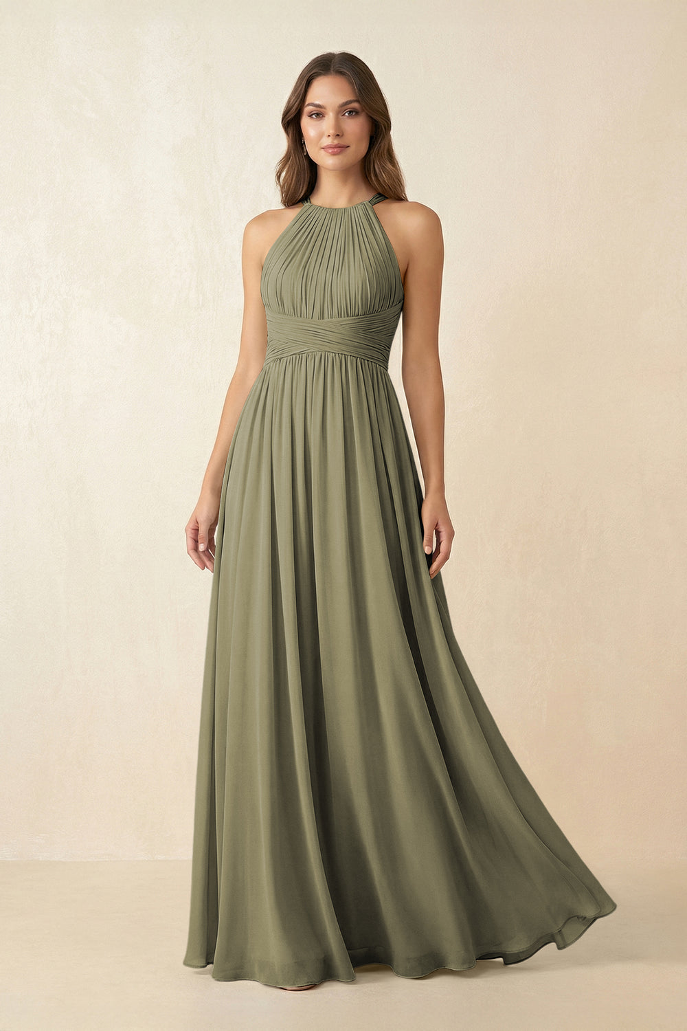 Halter Pleated A-Line Chiffon Bridesmaid Dress in Thyme