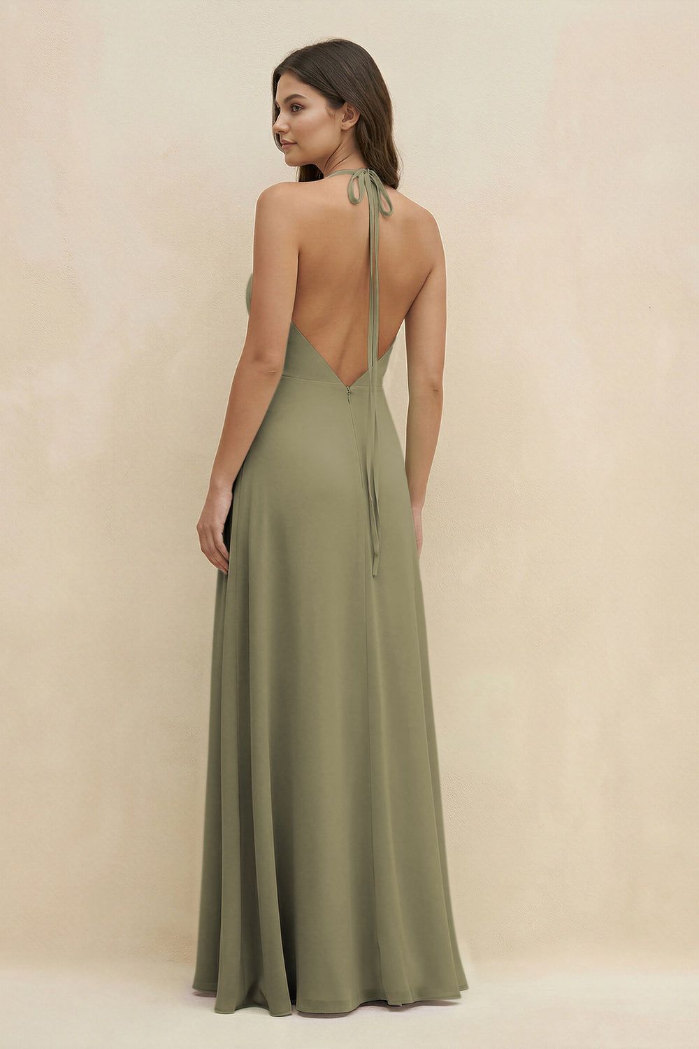 Halter Sheath Long Chiffon Bridesmaid Dress in Thyme