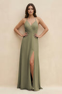 Thyme Halter Sheath Long Chiffon Bridesmaid Dress | KISSBRIDAL